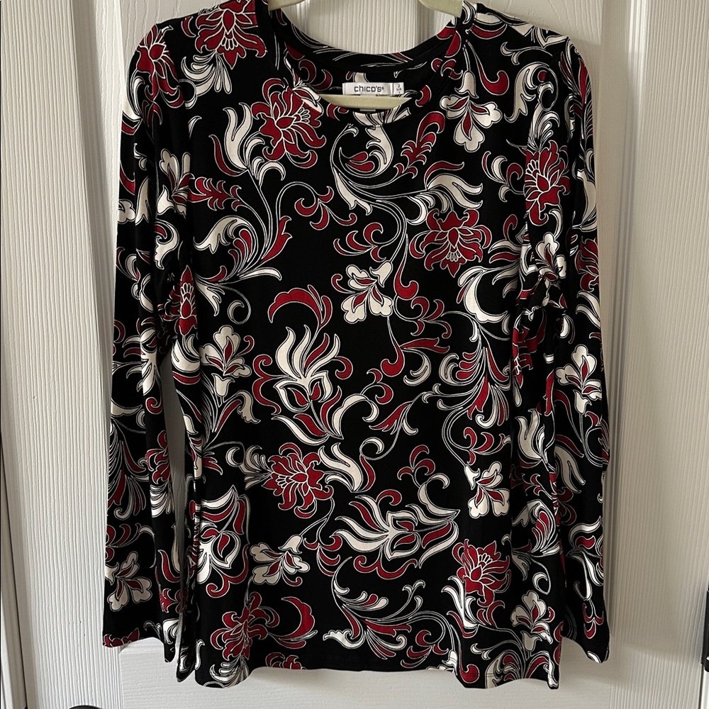 Chico's Black Top with Red and White Floral Design